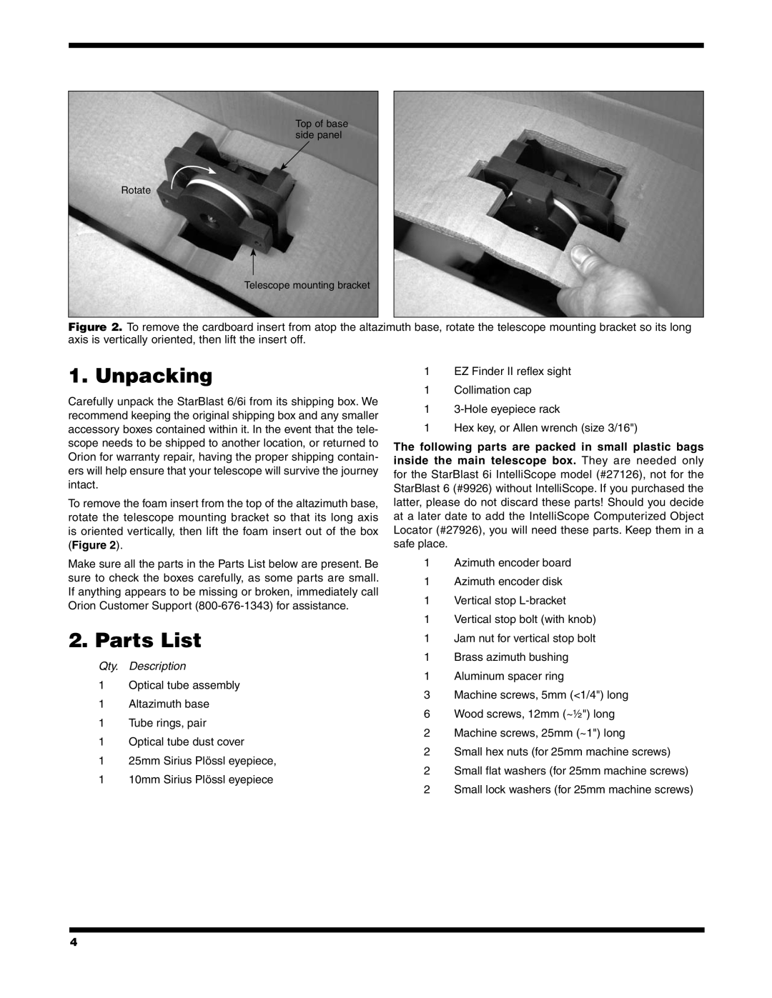 Orion 6/6I instruction manual Unpacking, Parts List, Qty. Description 