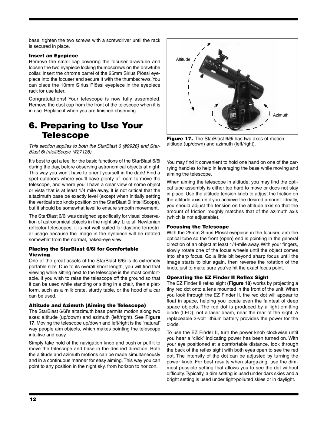 Orion 6/6I instruction manual Preparing to Use Your Telescope 