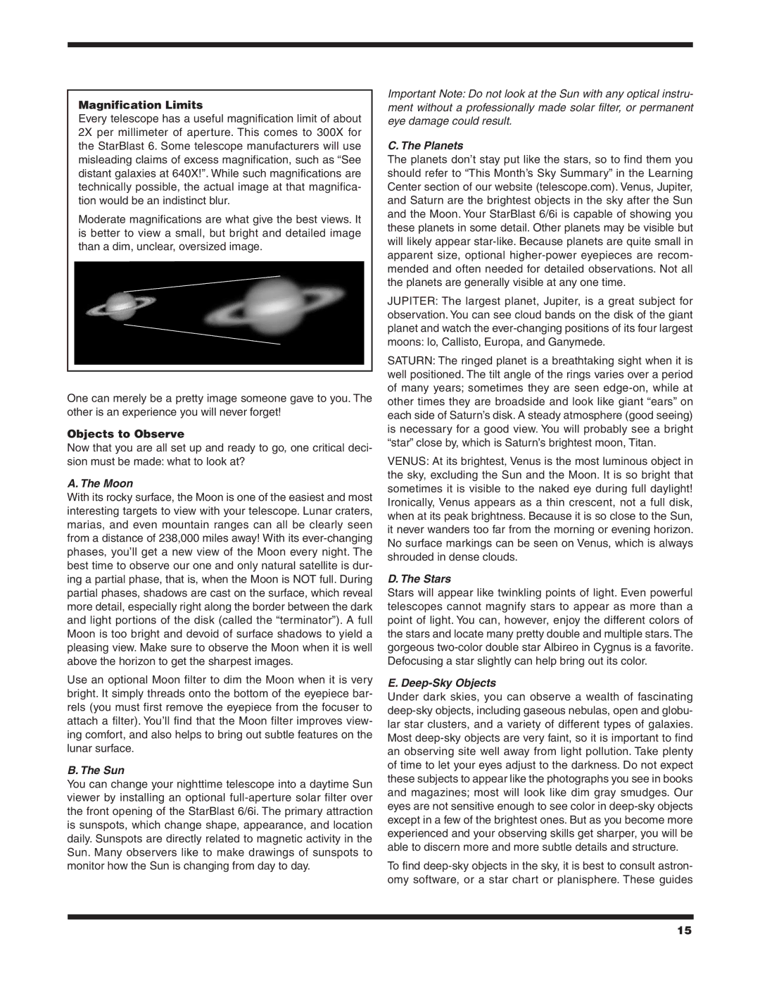 Orion 6/6I instruction manual Moon, Sun, Planets, Stars, Deep-Sky Objects 