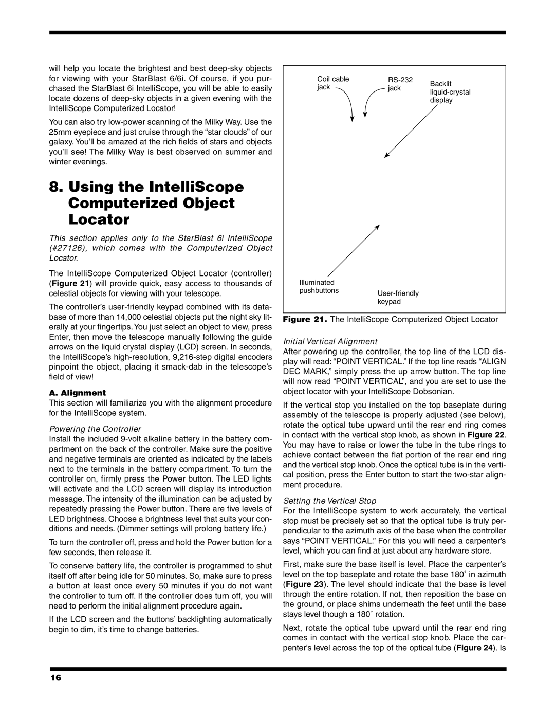 Orion 6/6I instruction manual Using the IntelliScope Computerized Object Locator, Alignment, Powering the Controller 