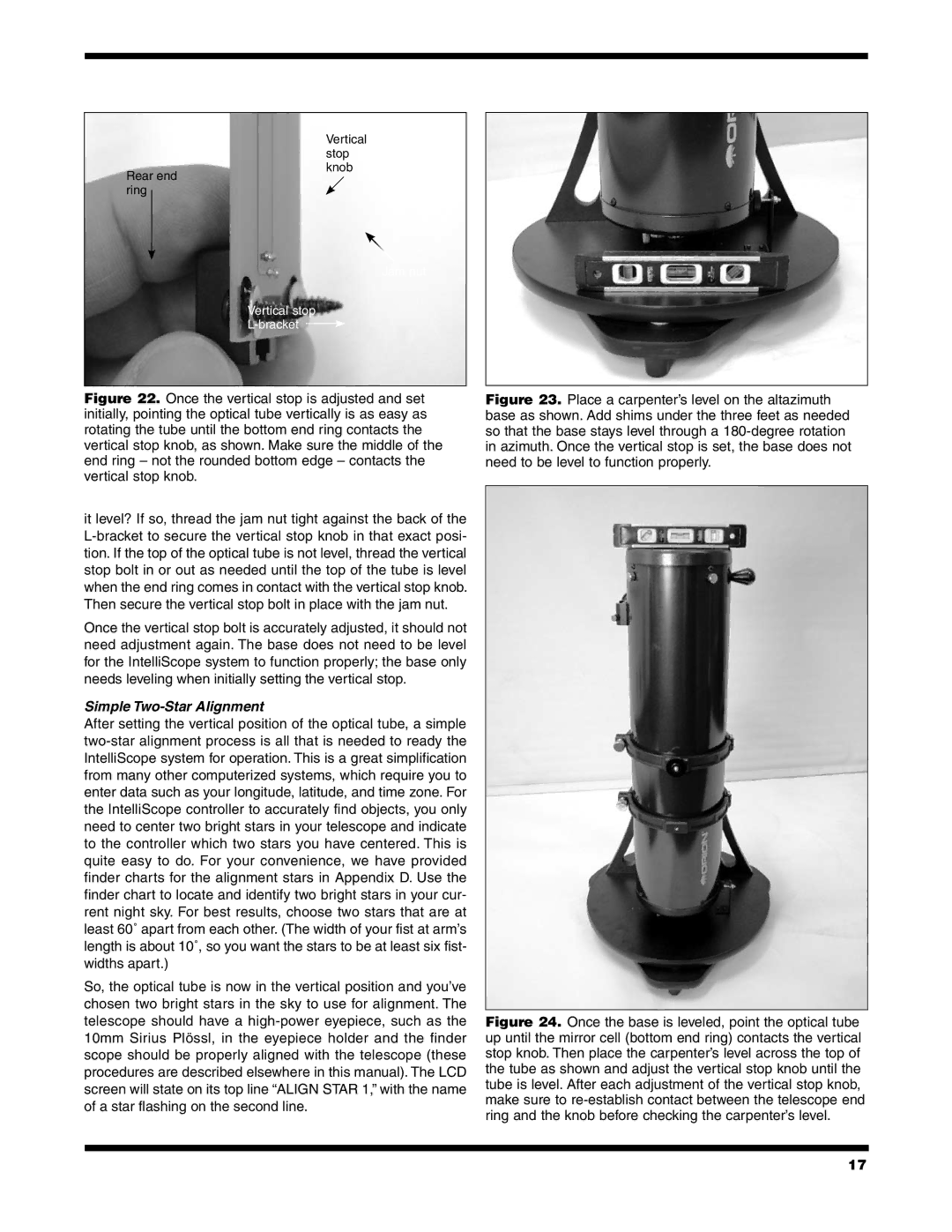 Orion 6/6I instruction manual Simple Two-Star Alignment, Jam nut Vertical stop L-bracket 