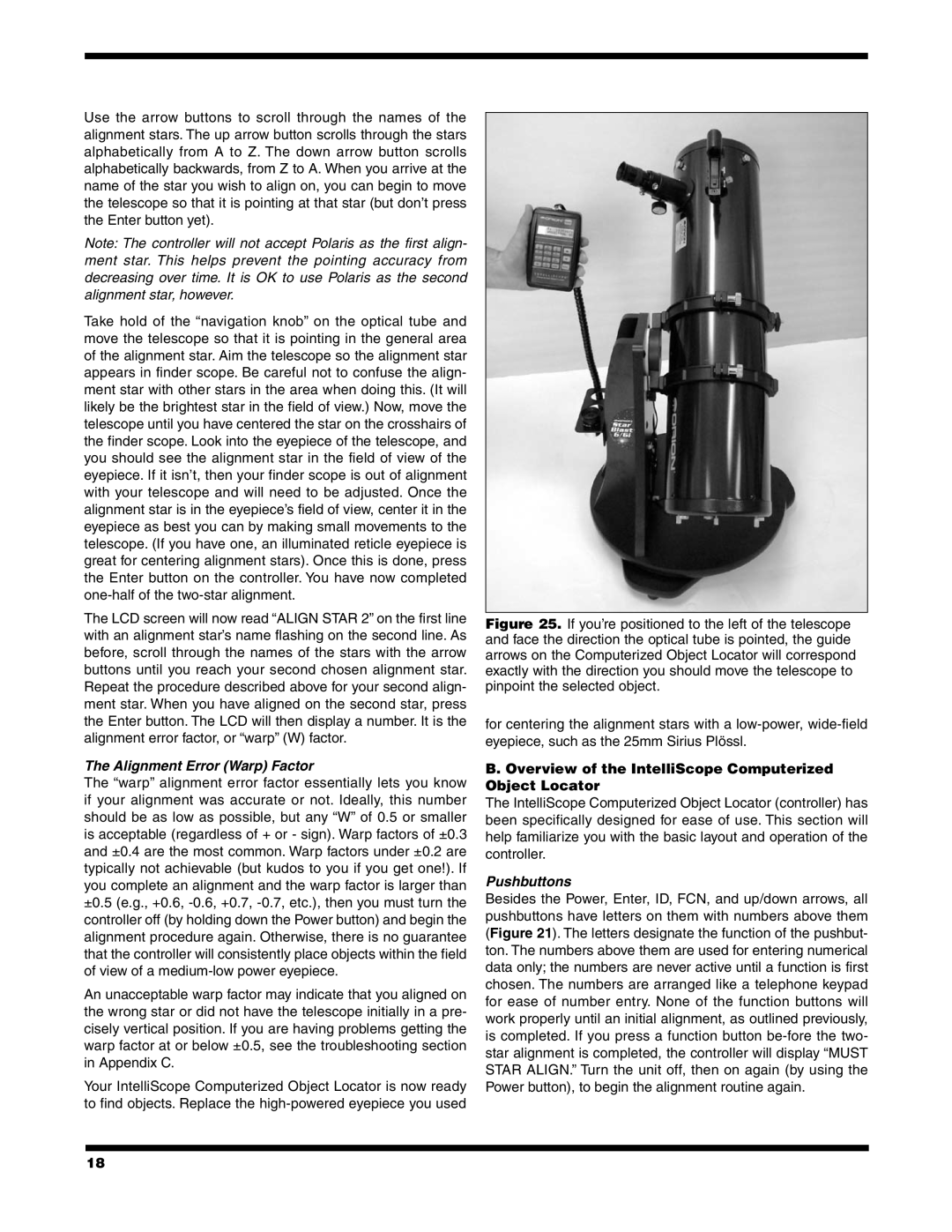 Orion 6/6I Alignment Error Warp Factor, Overview of the IntelliScope Computerized Object Locator, Pushbuttons 