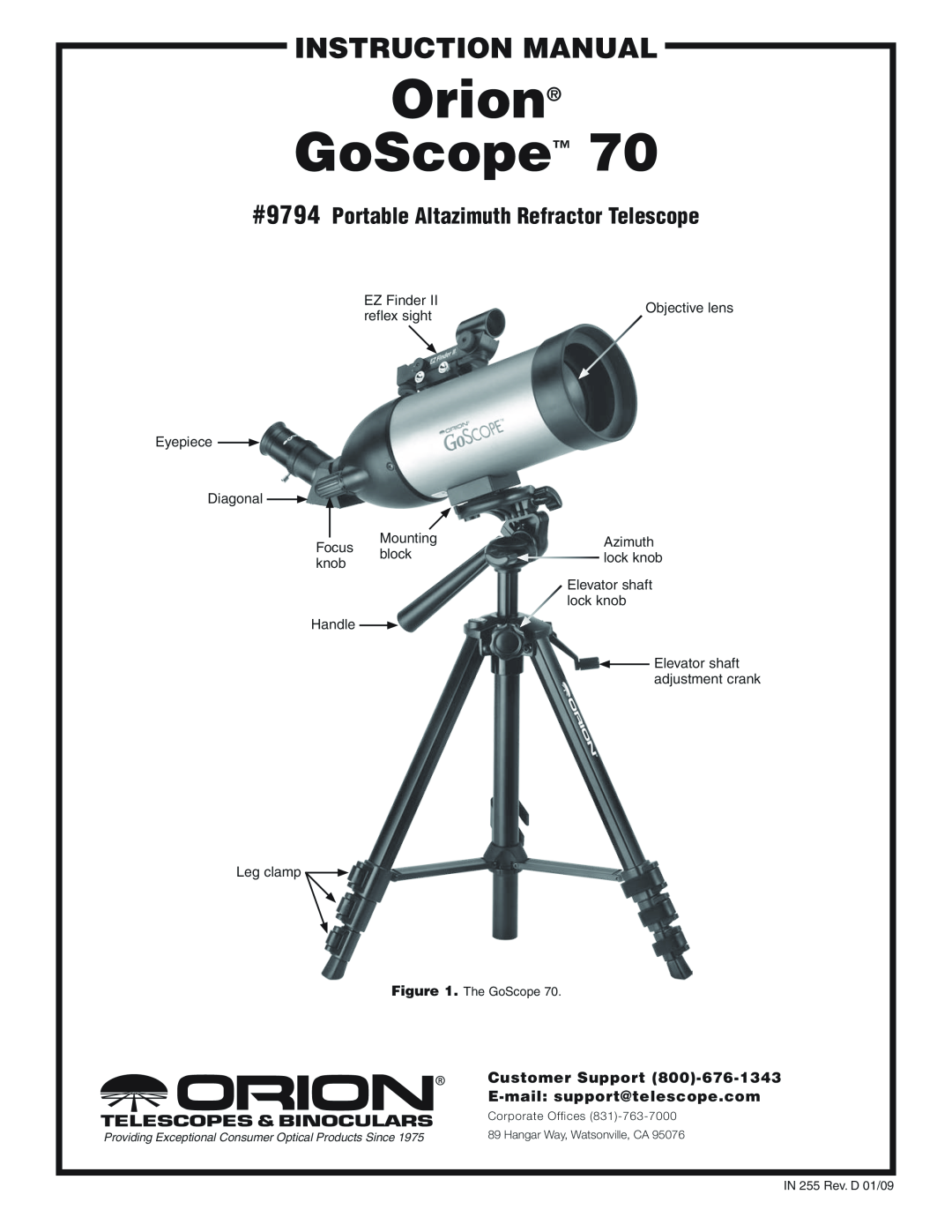 Orion 70 instruction manual #9794Portable Altazimuth Refractor Telescope, Customer Support 800‑676-1343, Orion, GoScope 