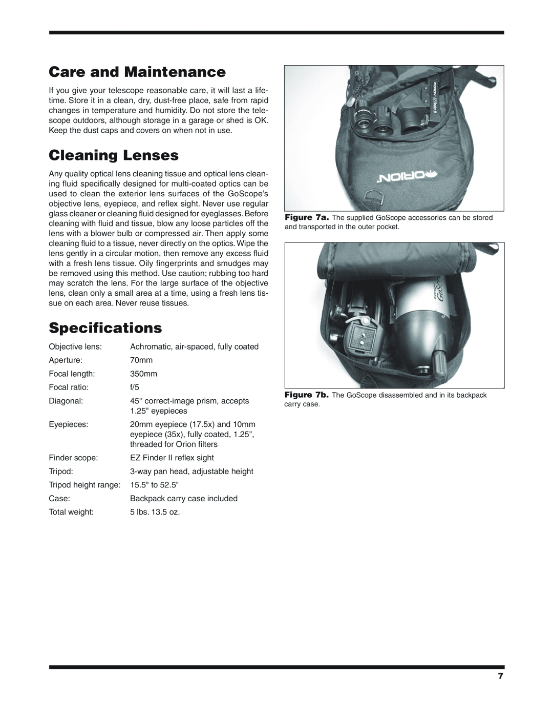 Orion 70 instruction manual Care and Maintenance, Cleaning Lenses, Specifications 