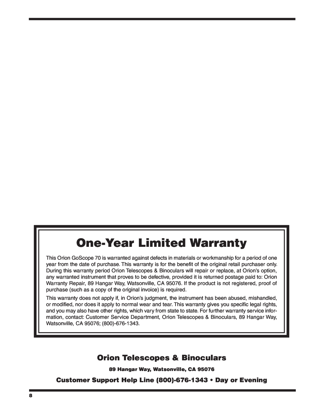 Orion 70 instruction manual Hangar Way, Watsonville, CA, One-YearLimited Warranty, Orion Telescopes & Binoculars 