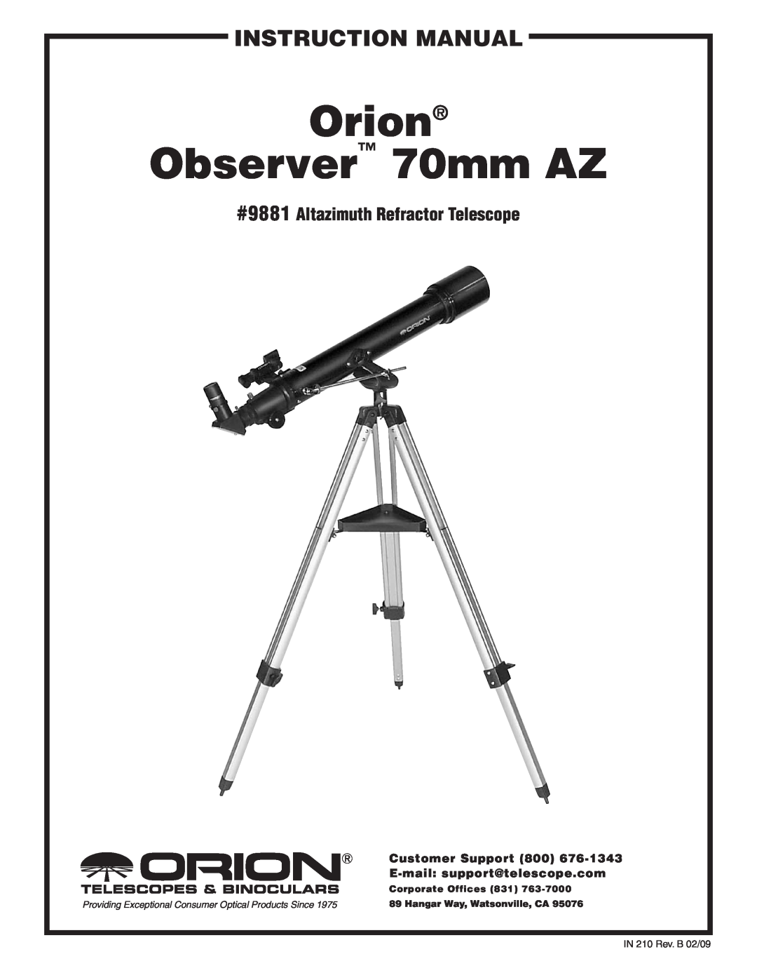Orion 70MM AZ instruction manual #9881 Altazimuth Refractor Telescope, Orion Observer 70mm AZ, Customer Support 