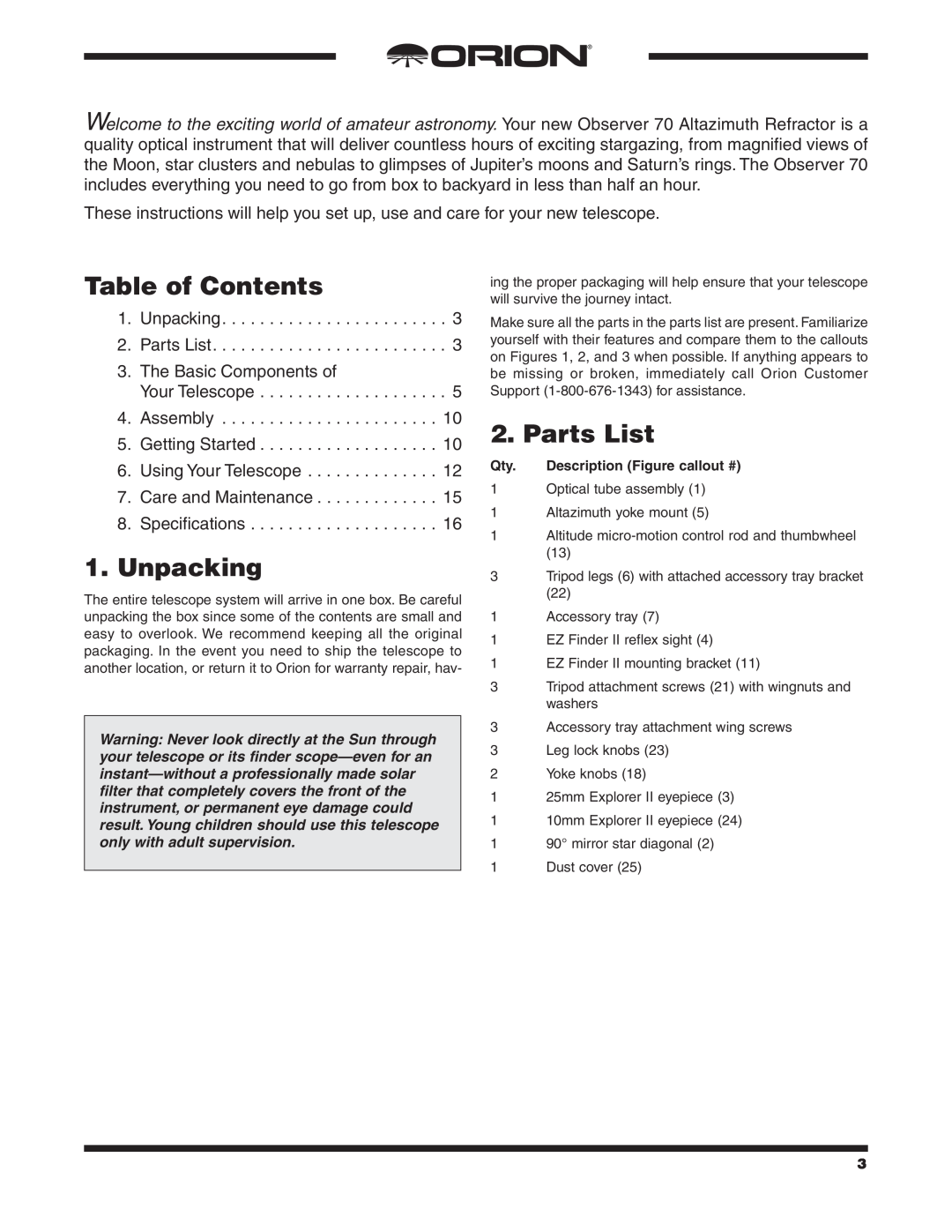 Orion 70MM AZ instruction manual Table of Contents, Unpacking, Parts List 