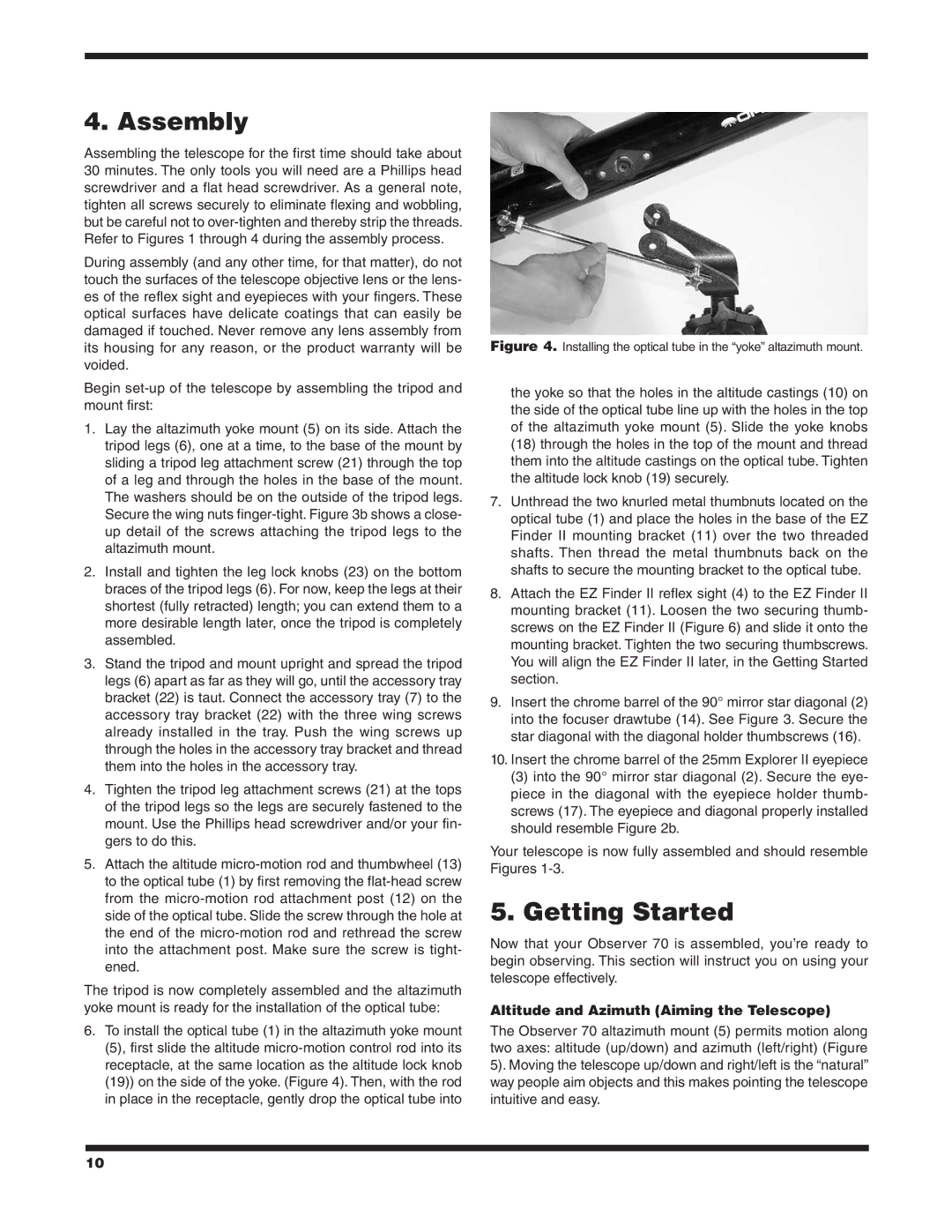 Orion 70MM AZ instruction manual Assembly, Getting Started, Altitude and Azimuth Aiming the Telescope 