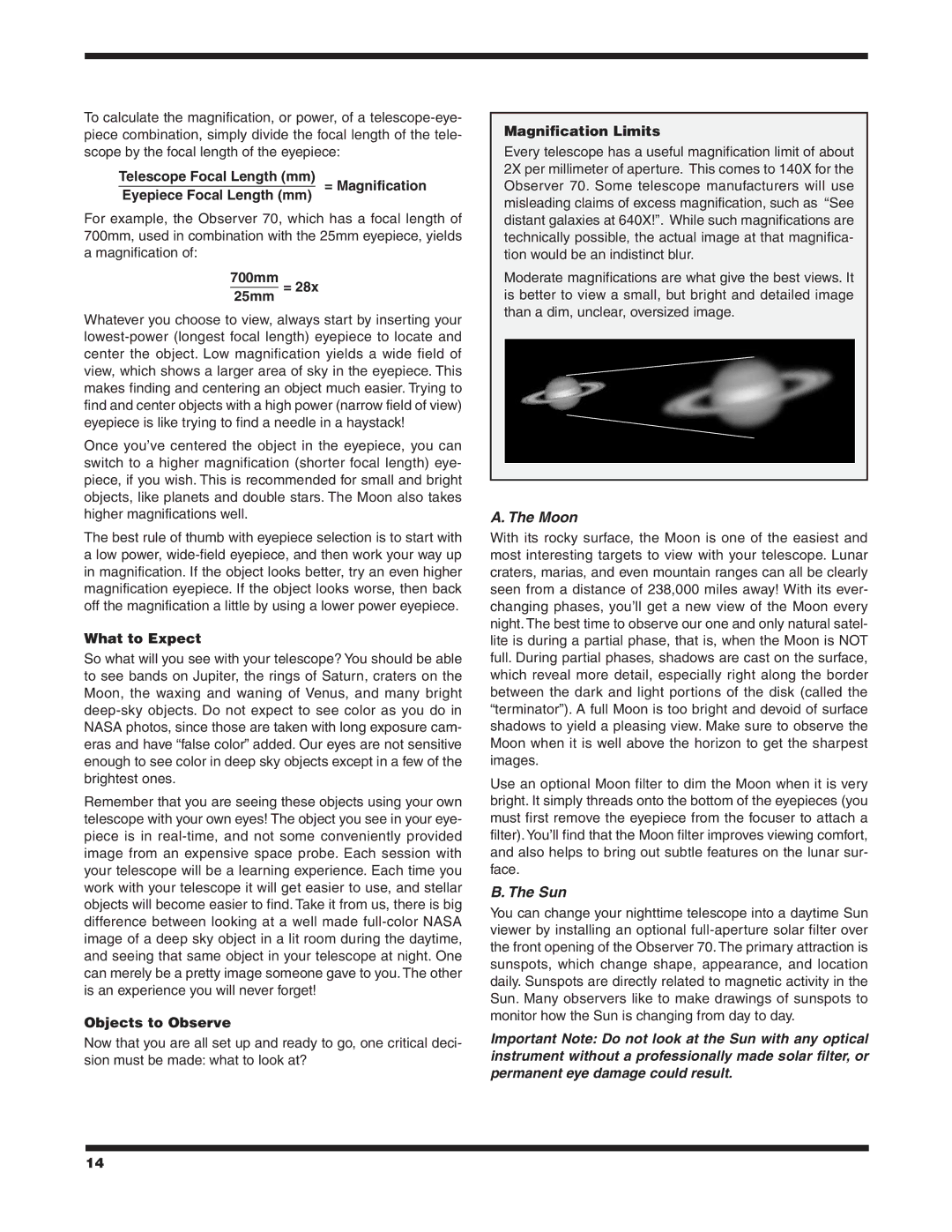 Orion 70MM AZ instruction manual 700mm25mm =, What to Expect, Objects to Observe, Magnification Limits 