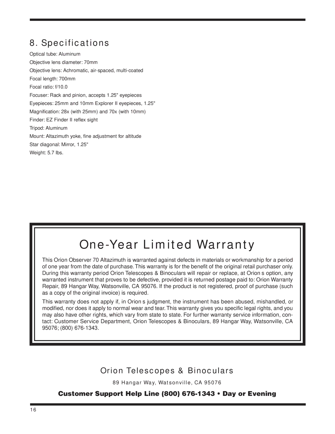 Orion 70MM AZ instruction manual One-Year Limited Warranty, Specifications 