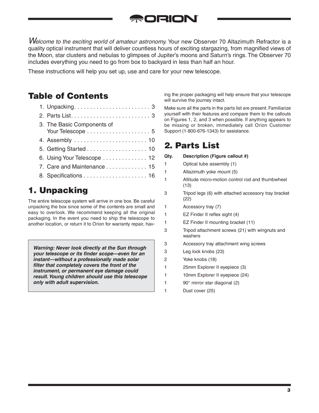 Orion 70MM AZ instruction manual Table of Contents, Unpacking, Parts List 