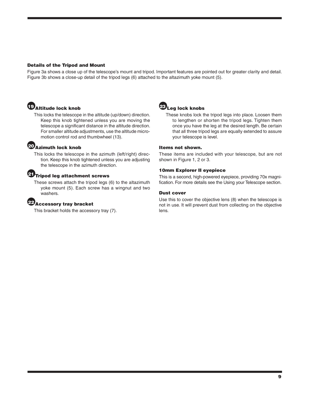 Orion 70MM AZ Details of the Tripod and Mount, Azimuth lock knob, Tripod leg attachment screws, Accessory tray bracket 