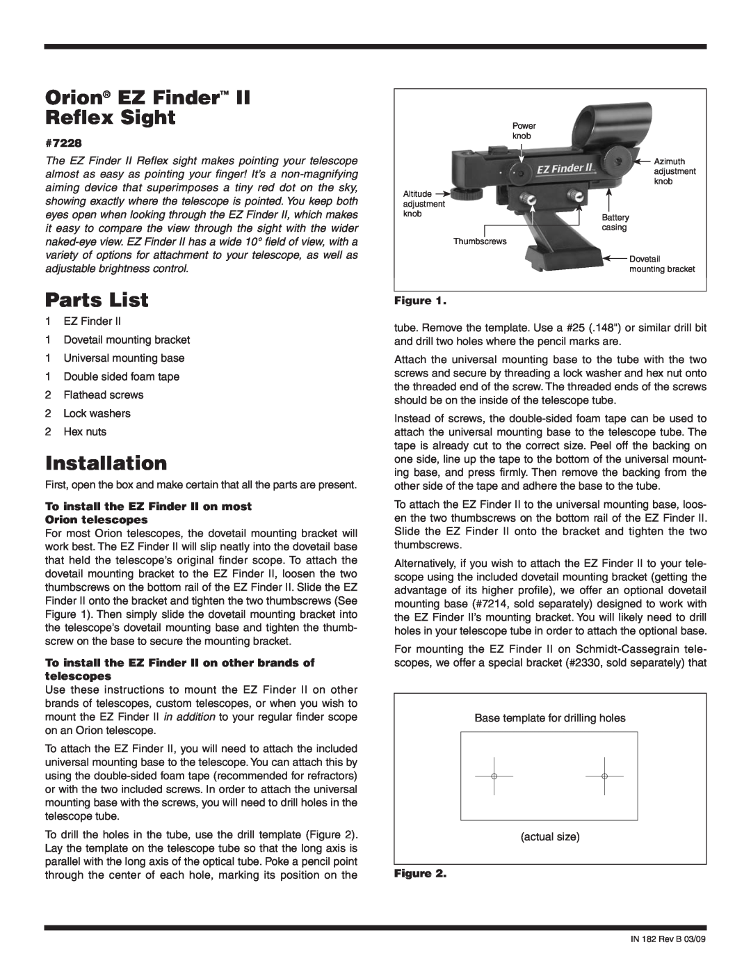 Orion manual Orion EZ Finder Reflex Sight, Parts List, Installation, #7228, To install the EZ Finder II on most 