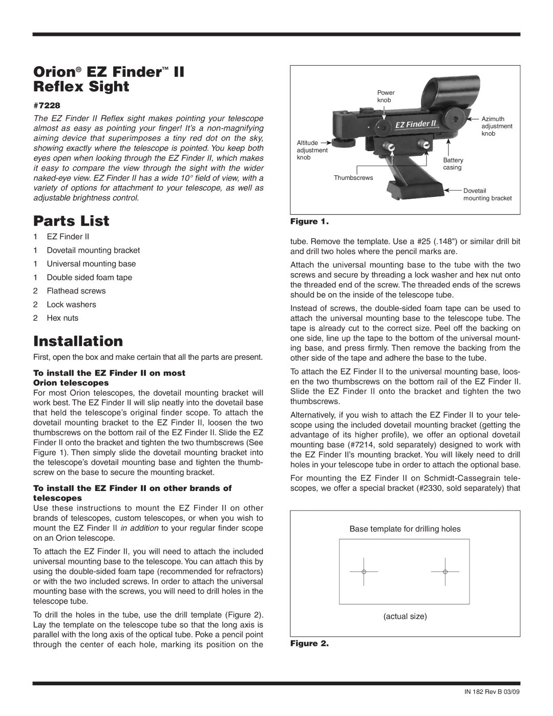 Orion 7228 manual Orion EZ Finder Reflex Sight, Parts List, Installation 