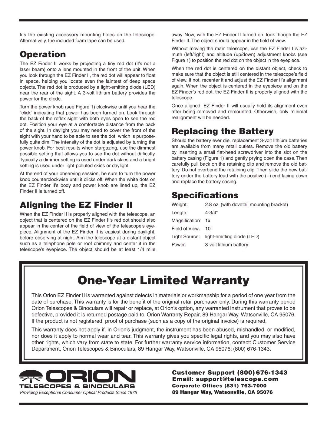 Orion 7228 manual Operation, Aligning the EZ Finder, Replacing the Battery, Specifications 