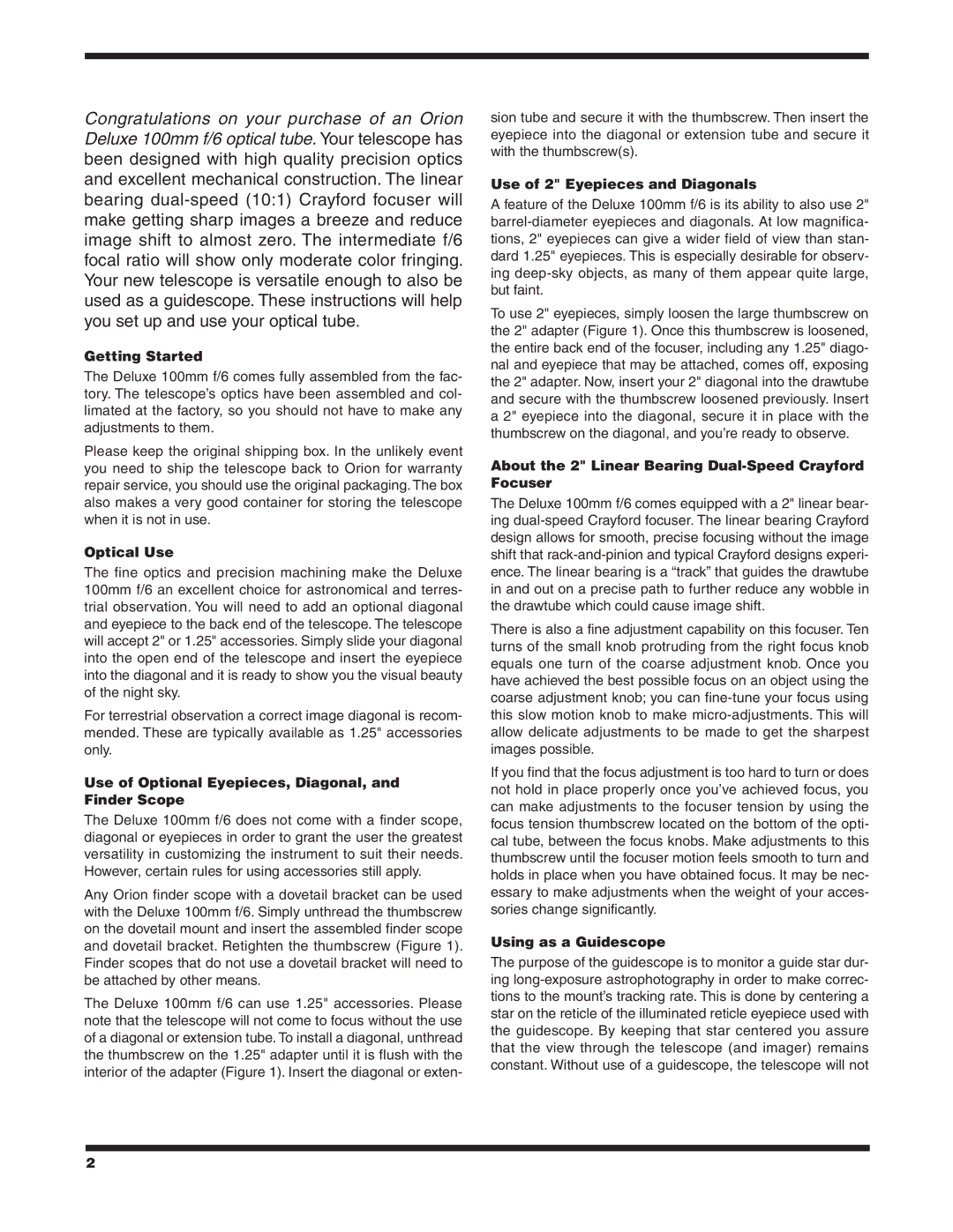 Orion 7338 Getting Started, Optical Use, Use of Optional Eyepieces, Diagonal, and Finder Scope, Using as a Guidescope 