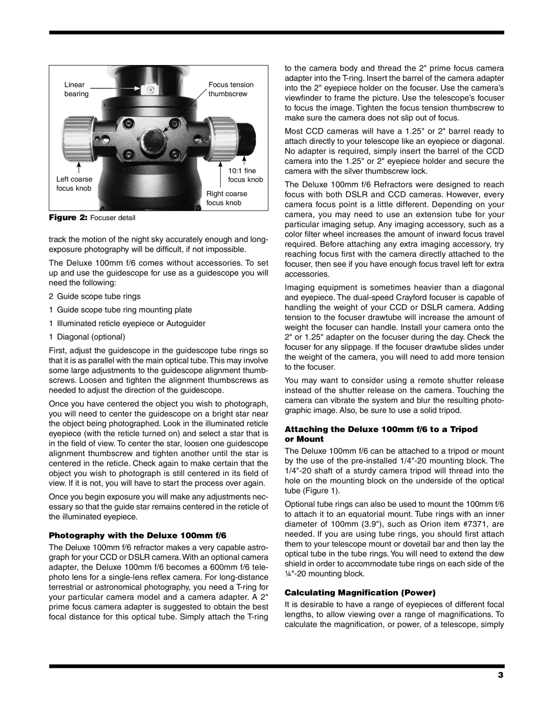 Orion 7338 instruction manual Photography with the Deluxe 100mm f/6, Attaching the Deluxe 100mm f/6 to a Tripod or Mount 