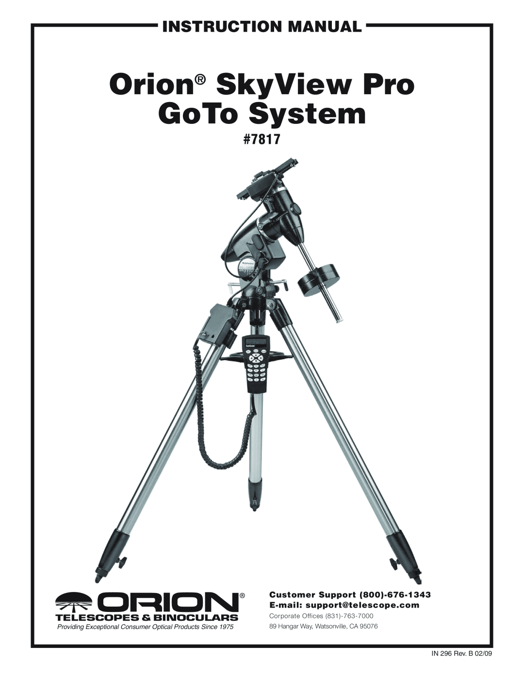 Orion instruction manual #7817, Customer Support 800‑676-1343, E-mail support@telescope.com, instruction Manual 