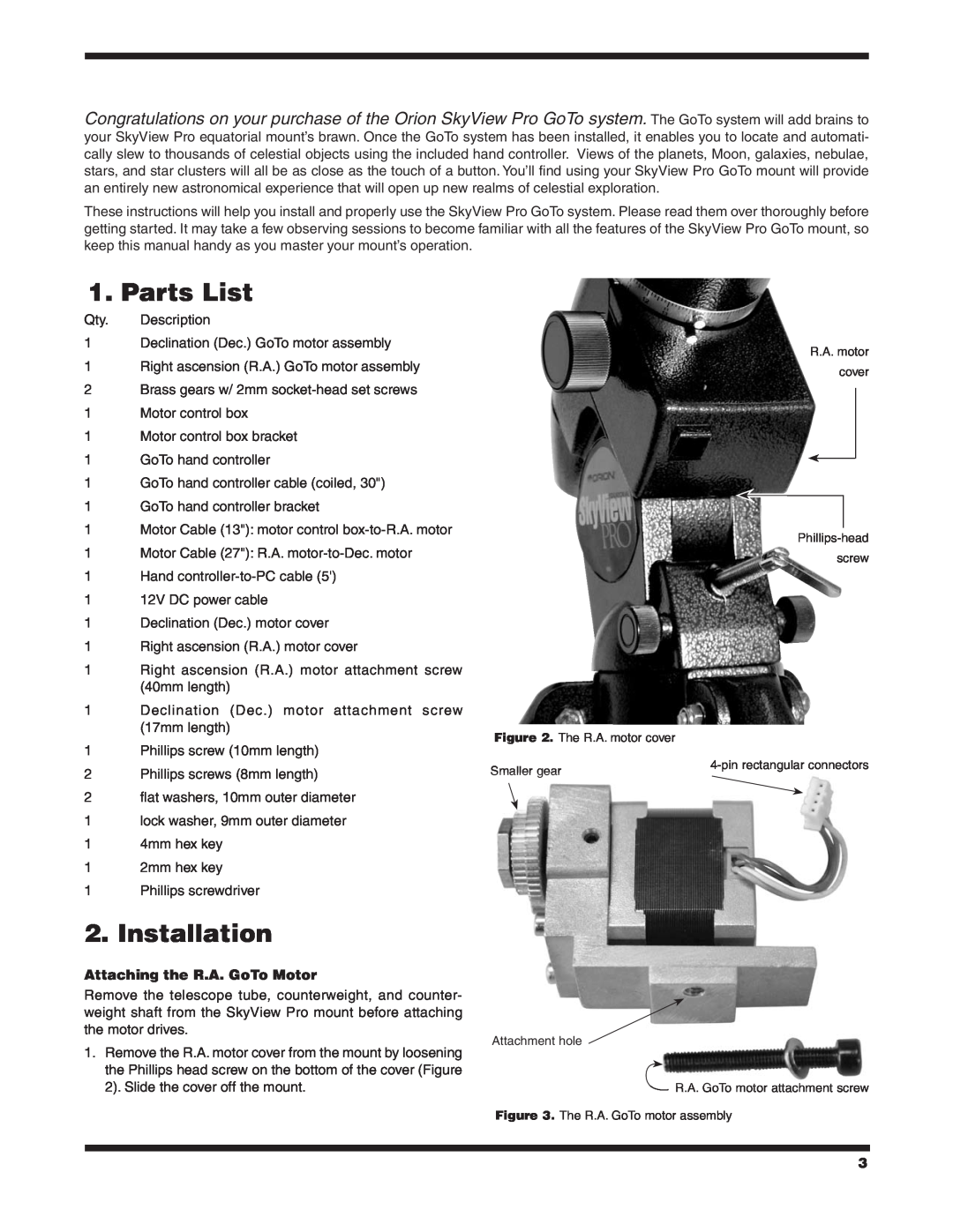 Orion 7817 instruction manual Parts List, Installation, Attaching the R.A. GoTo Motor 