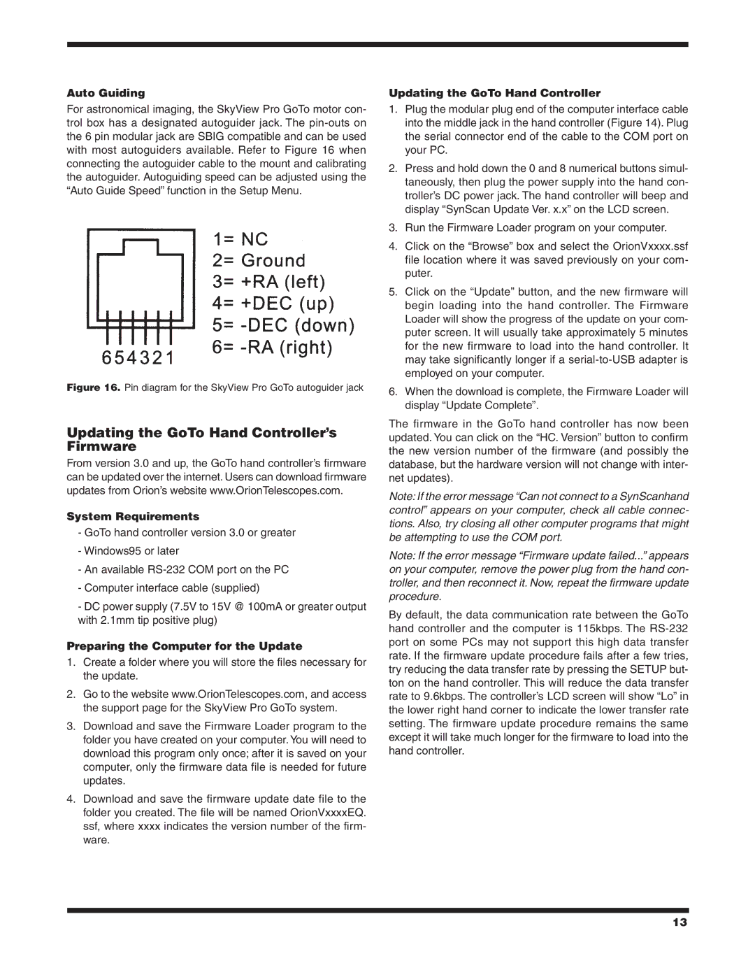 Orion 7817 instruction manual Updating the GoTo Hand Controller’s Firmware, Auto Guiding, System Requirements 