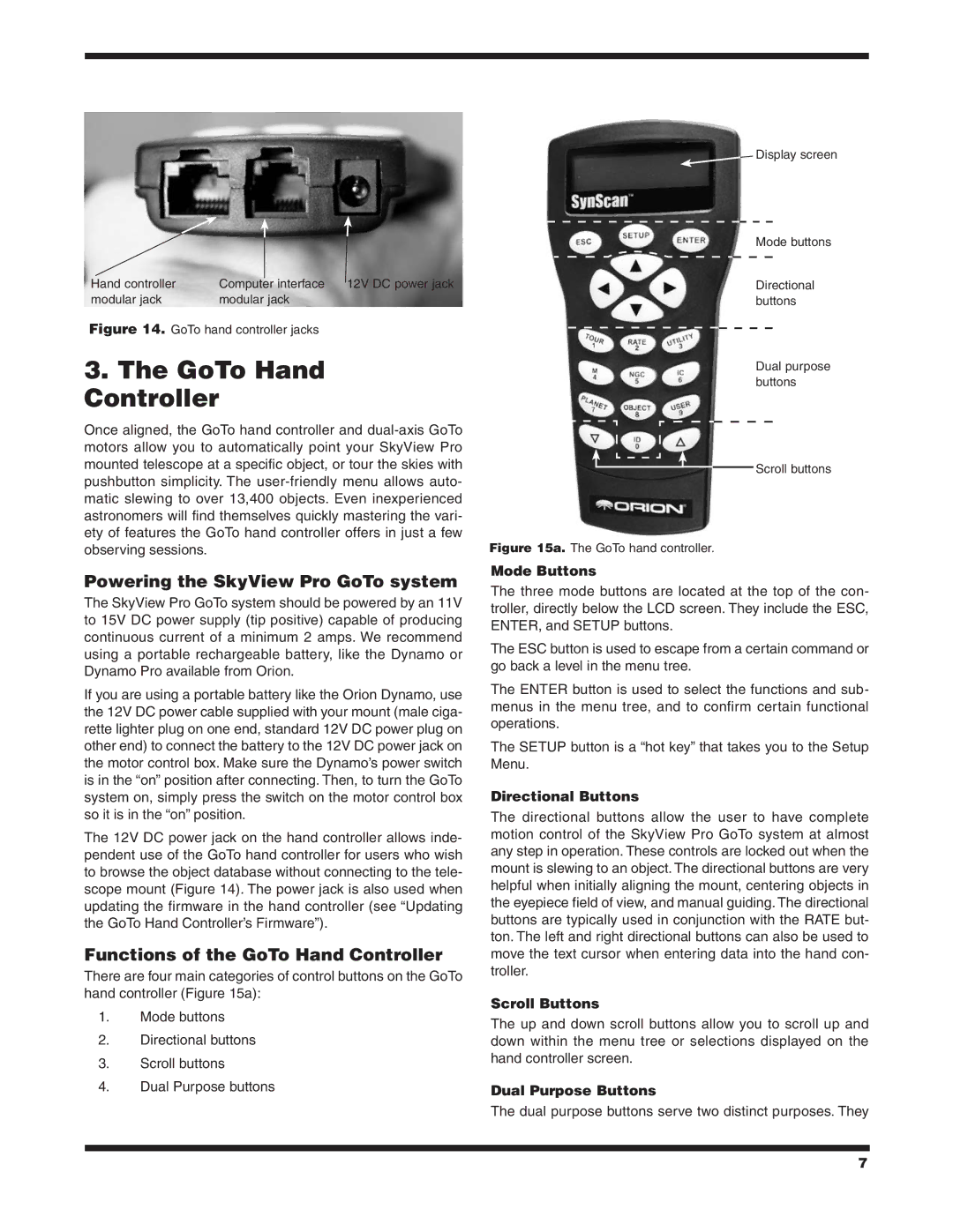 Orion 7817 instruction manual Powering the SkyView Pro GoTo system, Functions of the GoTo Hand Controller 