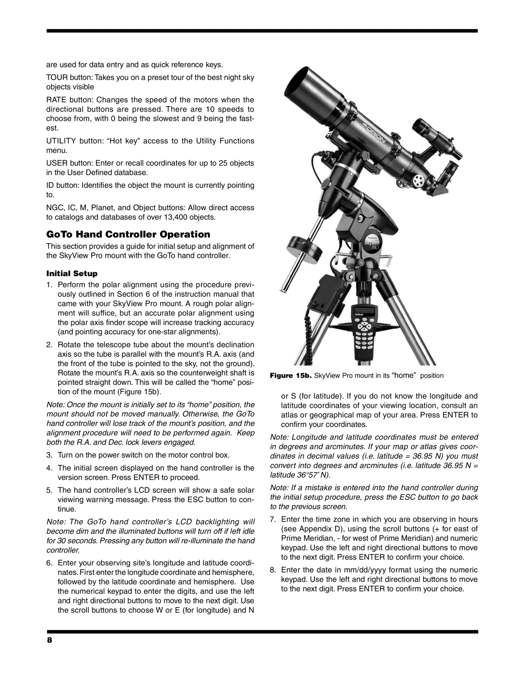 Orion 7817 instruction manual GoTo Hand Controller Operation, Initial Setup 