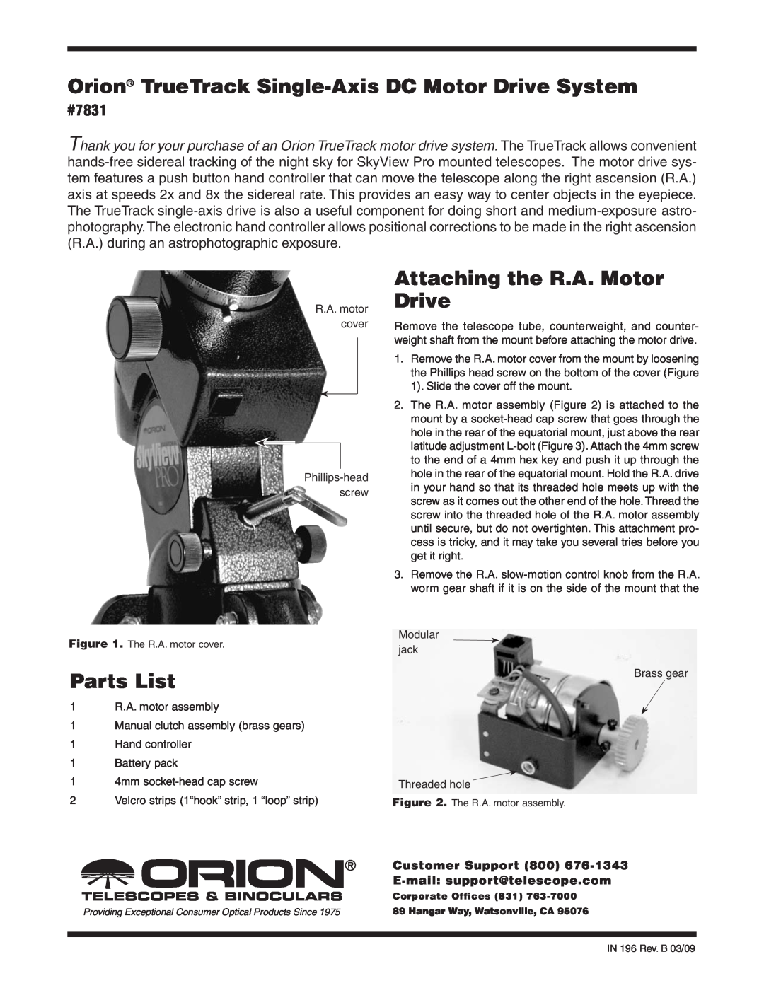 Orion manual Orion TrueTrack Single-AxisDC Motor Drive System, Attaching the R.A. Motor Drive, Parts List, #7831 