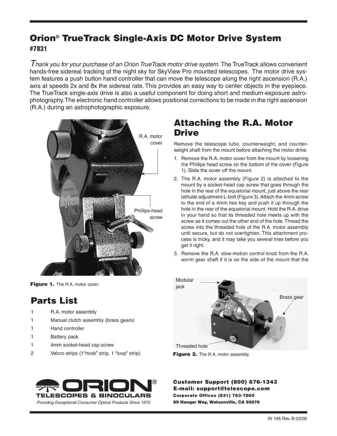 Orion manual Orion TrueTrack Single-Axis DC Motor Drive System, Attaching the R.A. Motor Drive, Parts List, #7831 