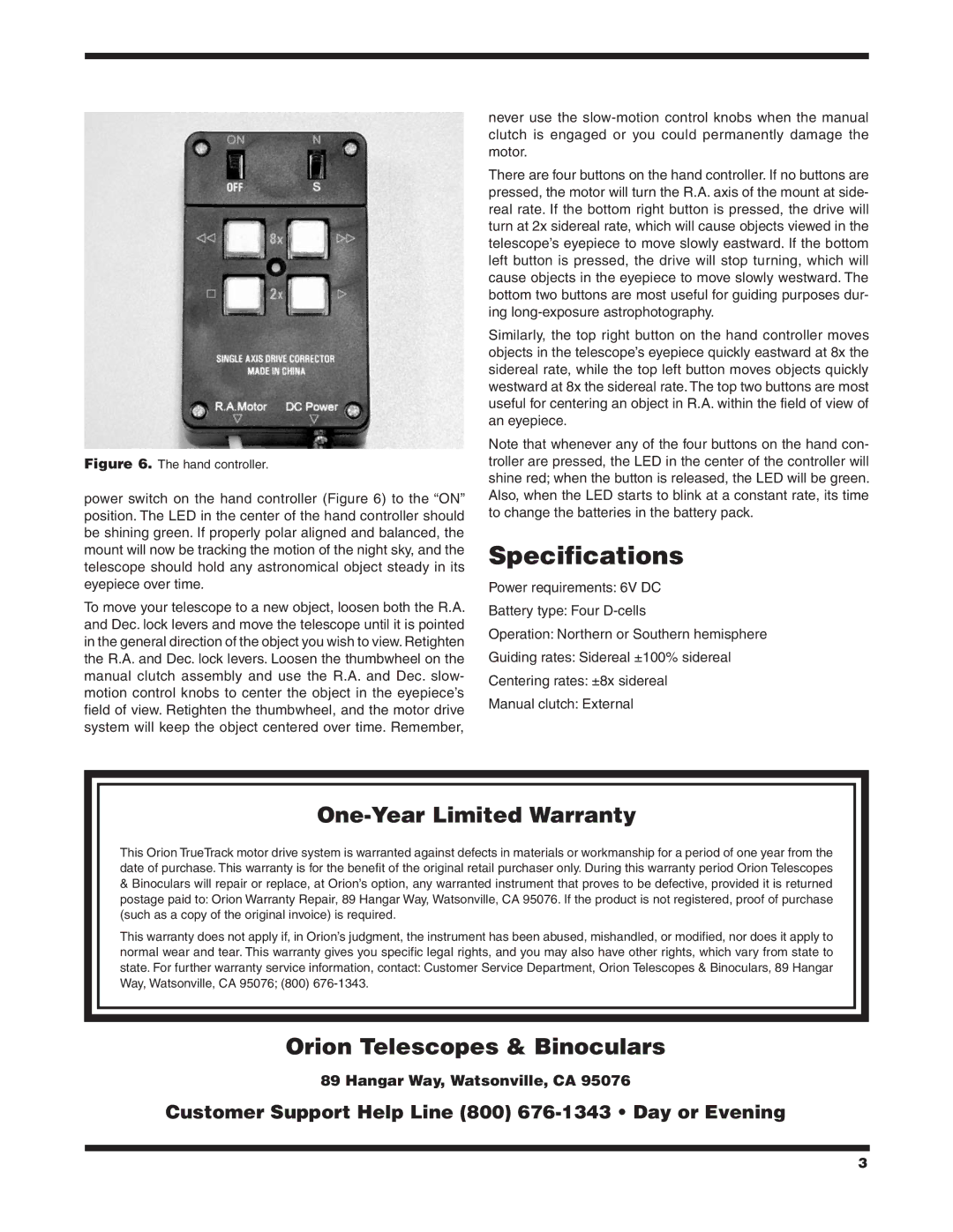 Orion 7831 manual Specifications, One-Year Limited Warranty, Orion Telescopes & Binoculars, Hangar Way, Watsonville, CA 