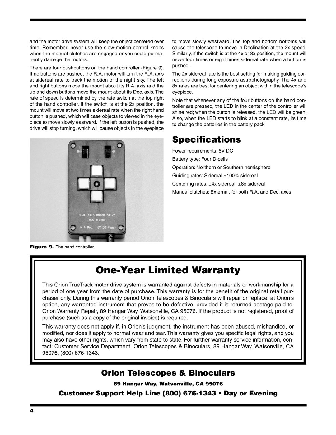 Orion 7832 manual Specifications, Hangar Way, Watsonville, CA, One-YearLimited Warranty, Orion Telescopes & Binoculars 