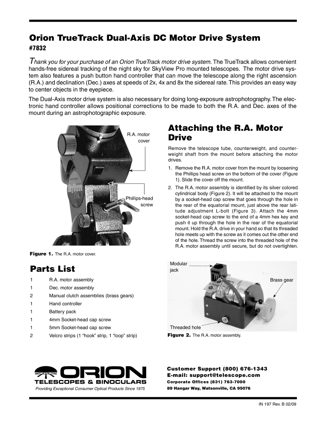 Orion 7832 manual Orion TrueTrack Dual-Axis DC Motor Drive System, Parts List, Attaching the R.A. Motor Drive 