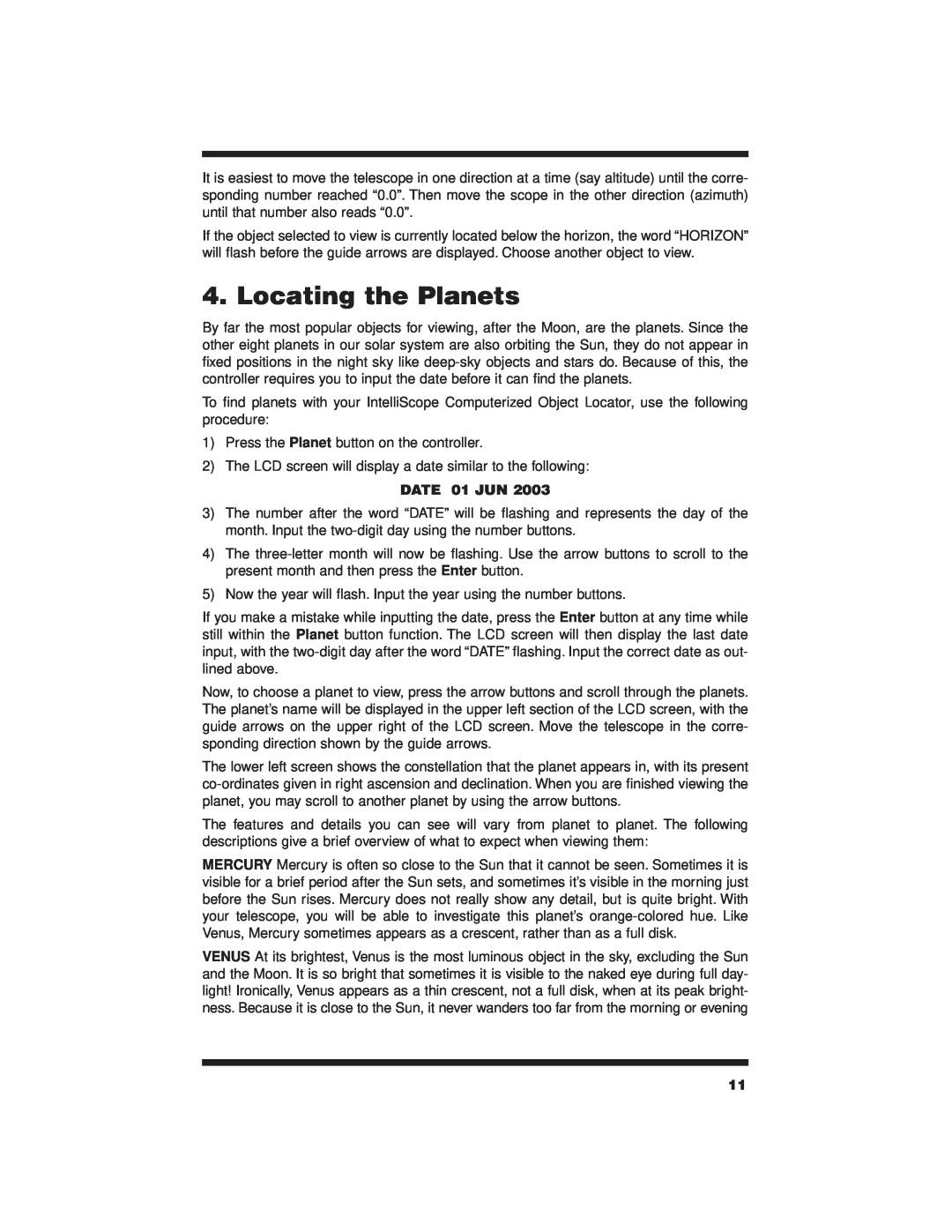 Orion 7880 instruction manual Locating the Planets, DATE 01 JUN 