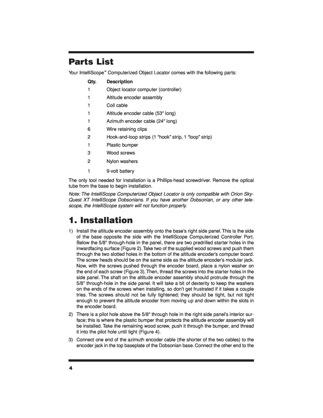 Orion 7880 instruction manual Parts List, Installation, Qty. Description 