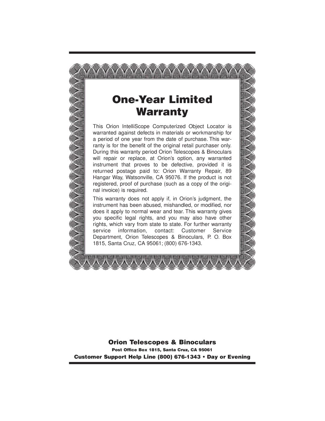 Orion 7880 instruction manual One-Year Limited Warranty 