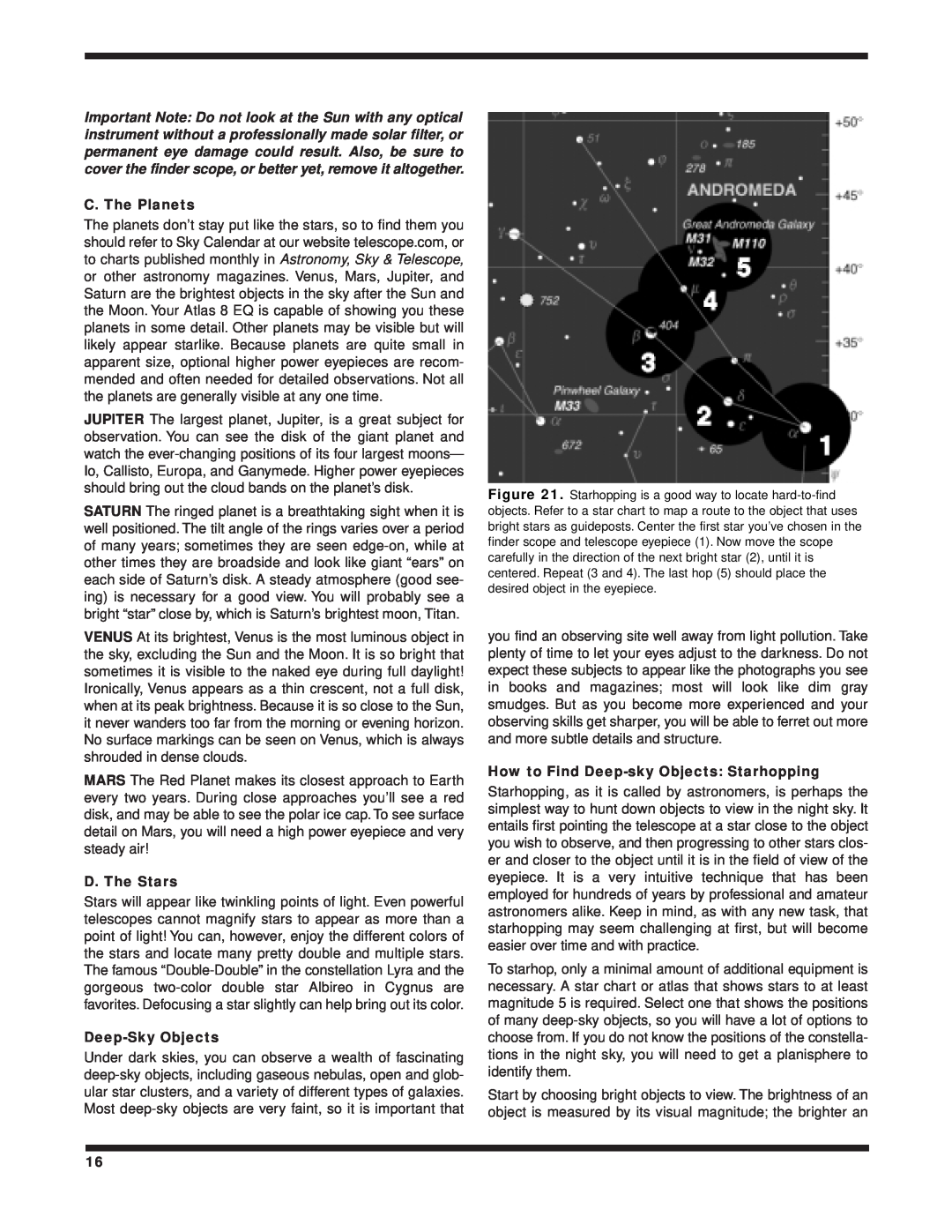 Orion 8 EQ instruction manual C. The Planets, D. The Stars, Deep-SkyObjects, How to Find Deep-skyObjects Starhopping 