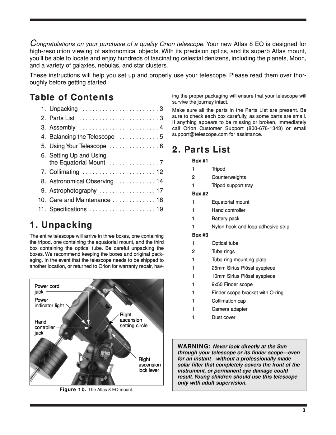 Orion 8 EQ instruction manual Table of Contents, Unpacking, Parts List 
