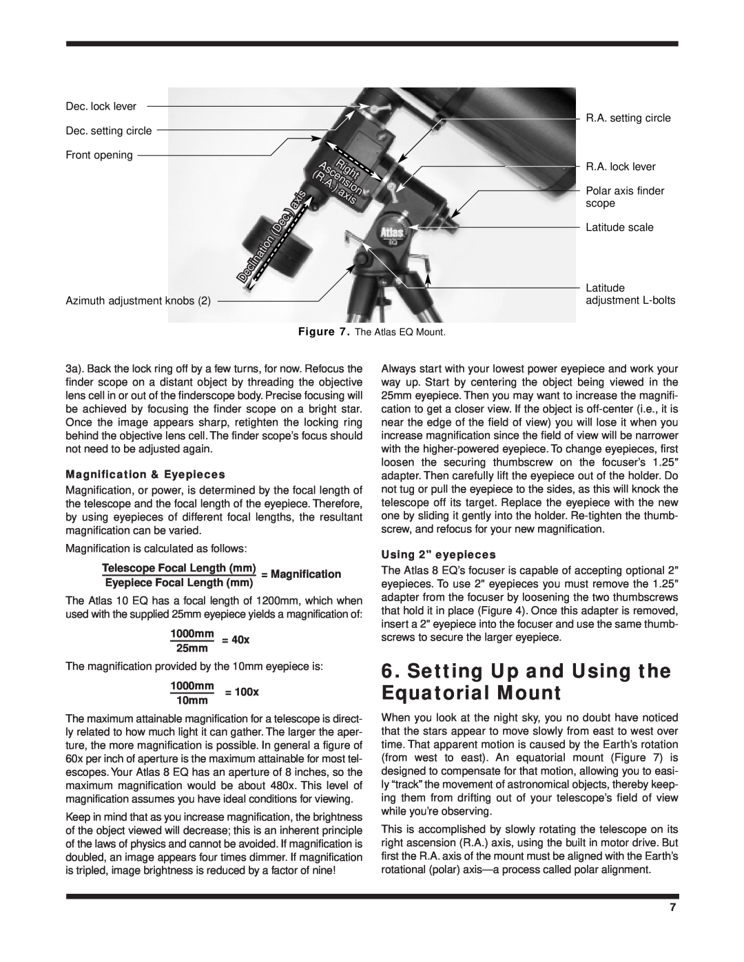 Orion 8 EQ instruction manual Setting Up and Using the, Equatorial Mount 