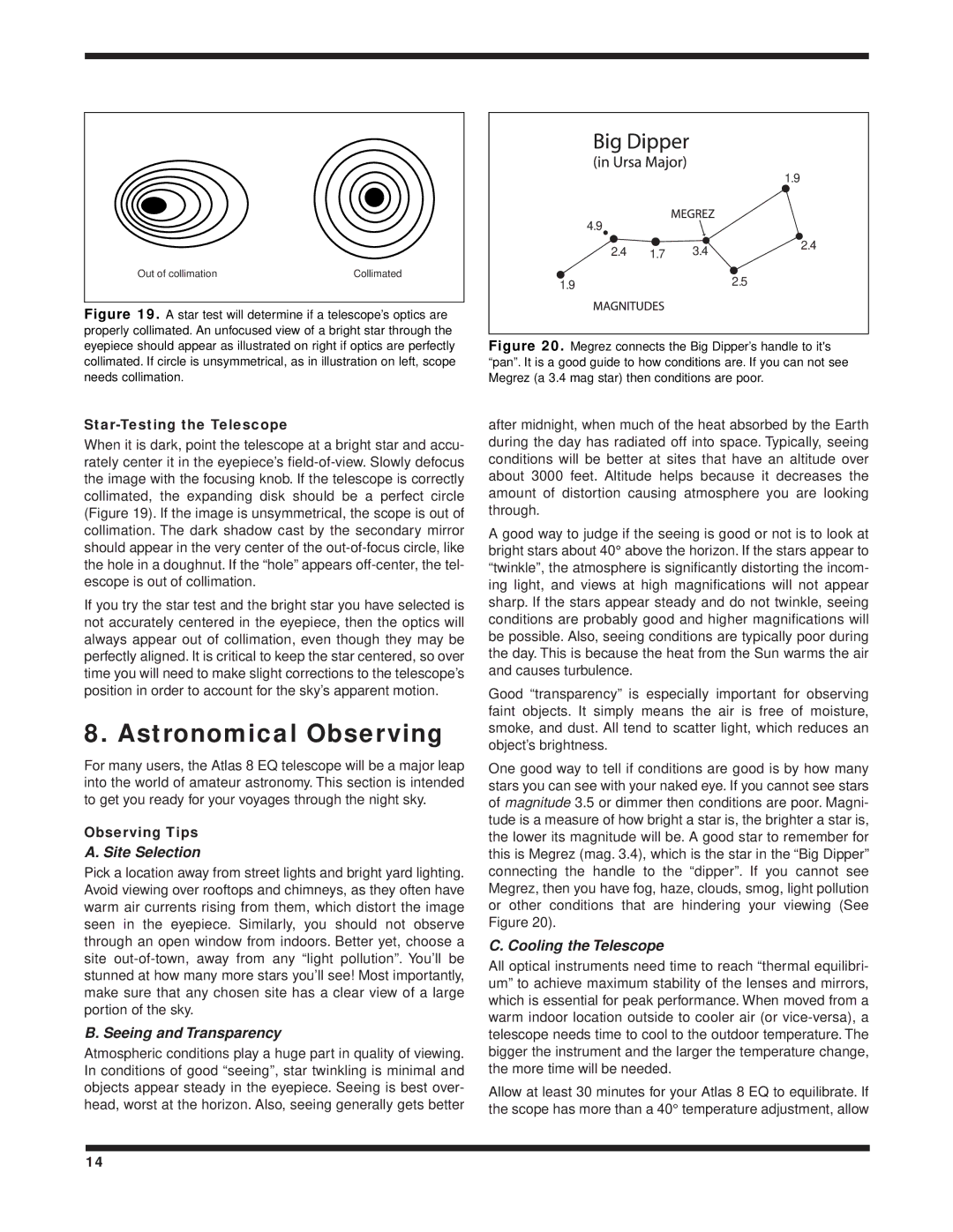 Orion 8 EQ instruction manual Astronomical Observing, Star-Testing the Telescope, Observing Tips 