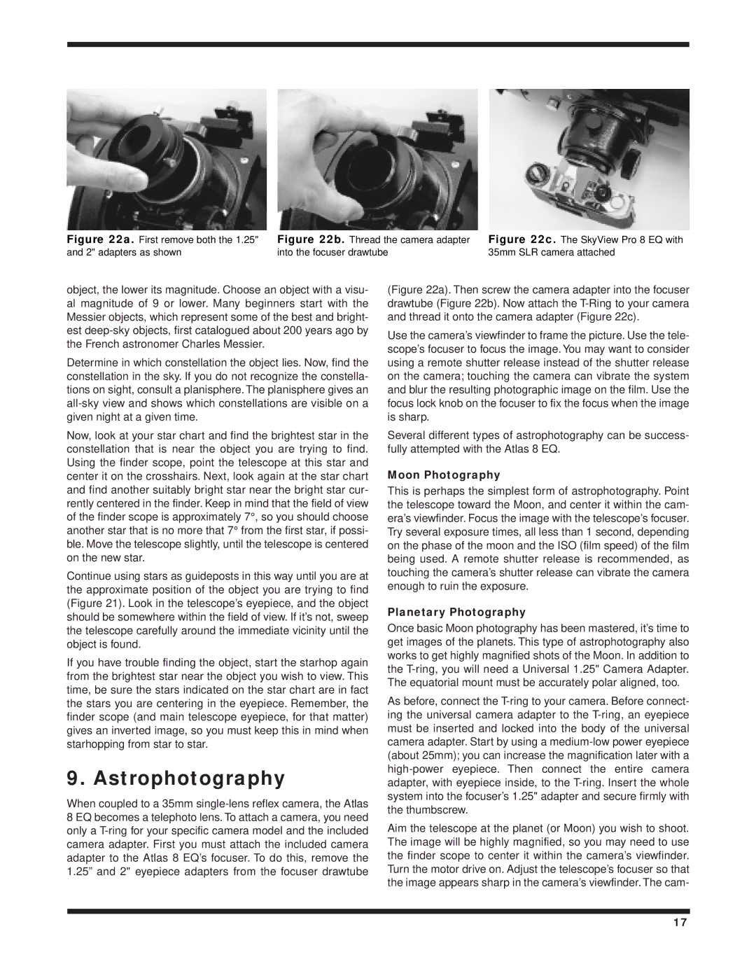 Orion 8 EQ instruction manual Astrophotography, Moon Photography, Planetary Photography 