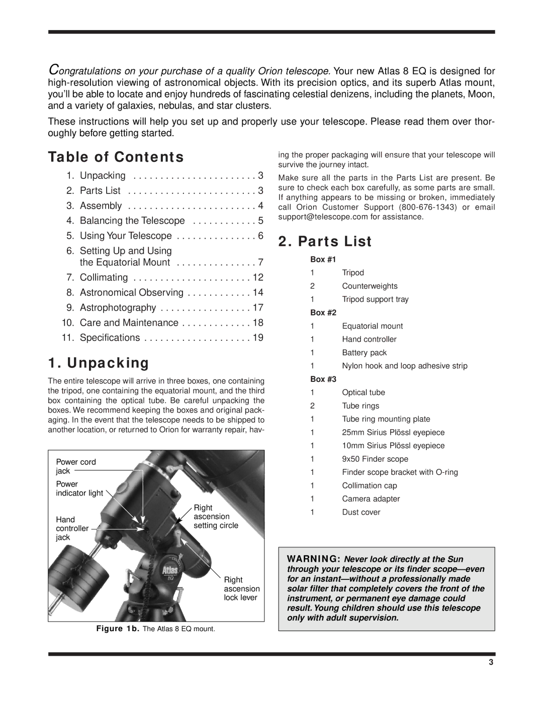 Orion 8 EQ instruction manual Table of Contents, Unpacking, Parts List 