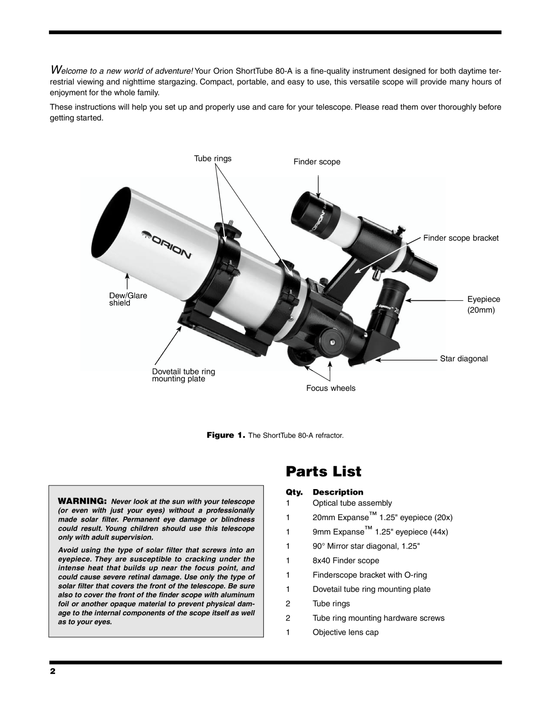 Orion 80-A instruction manual Parts List, Qty. Description 