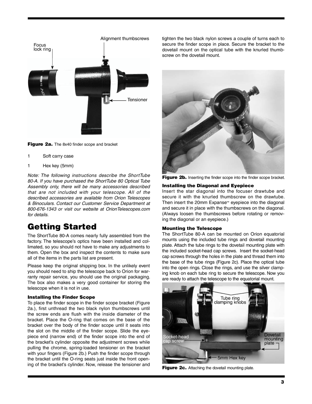 Orion 80-A Getting Started, Installing the Finder Scope, Installing the Diagonal and Eyepiece, Mounting the Telescope 