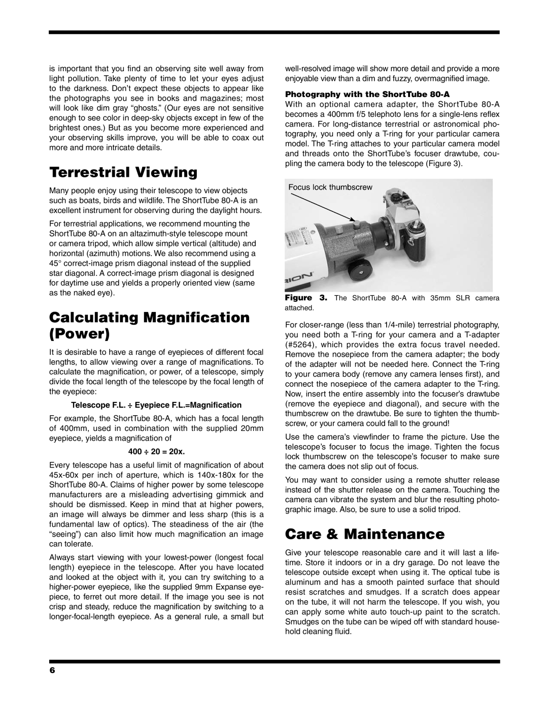 Orion 80-A instruction manual Terrestrial Viewing, Calculating Magnification Power, Care & Maintenance 