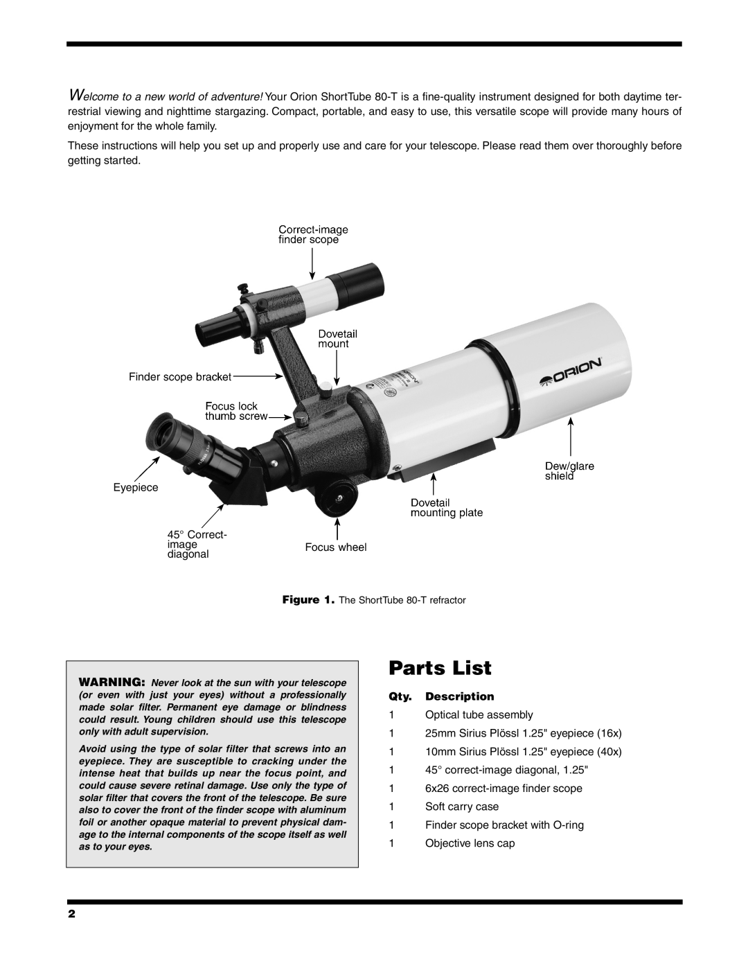 Orion 80-T instruction manual Parts List, Qty. Description 