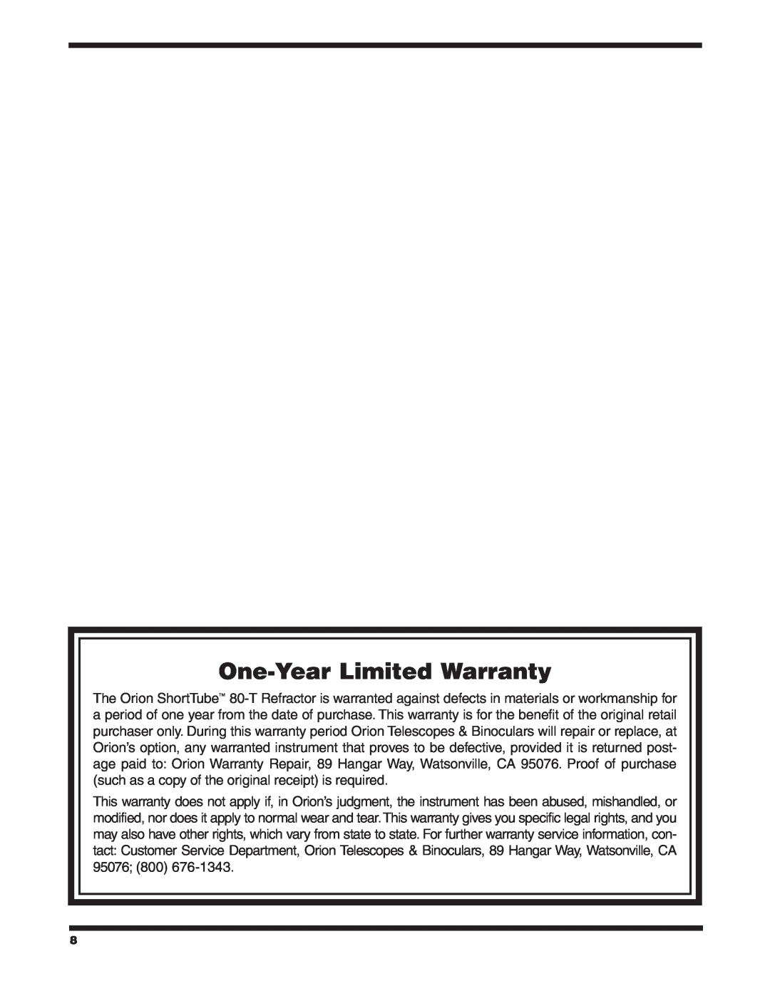 Orion 80-T instruction manual One-YearLimited Warranty 