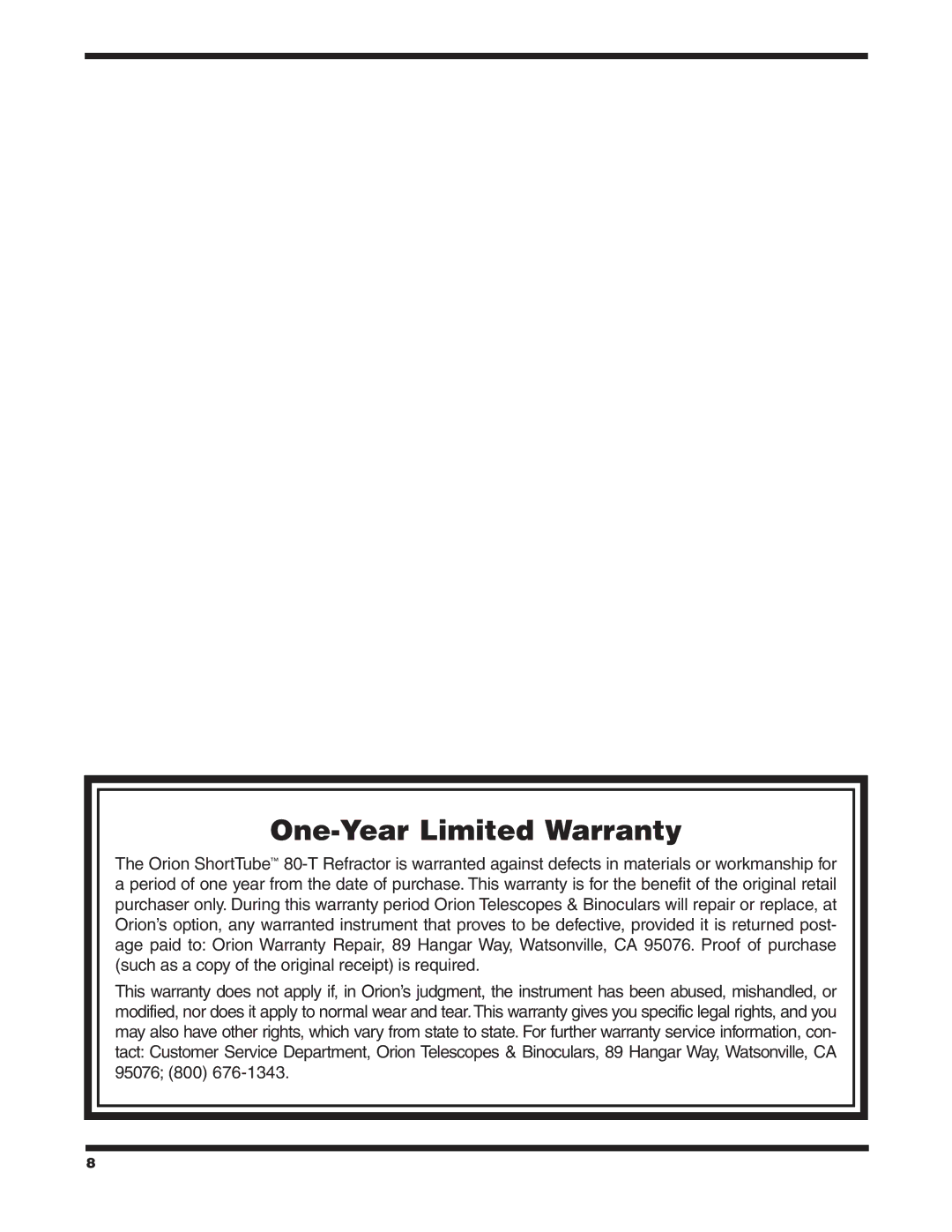 Orion 80-T instruction manual One-Year Limited Warranty 