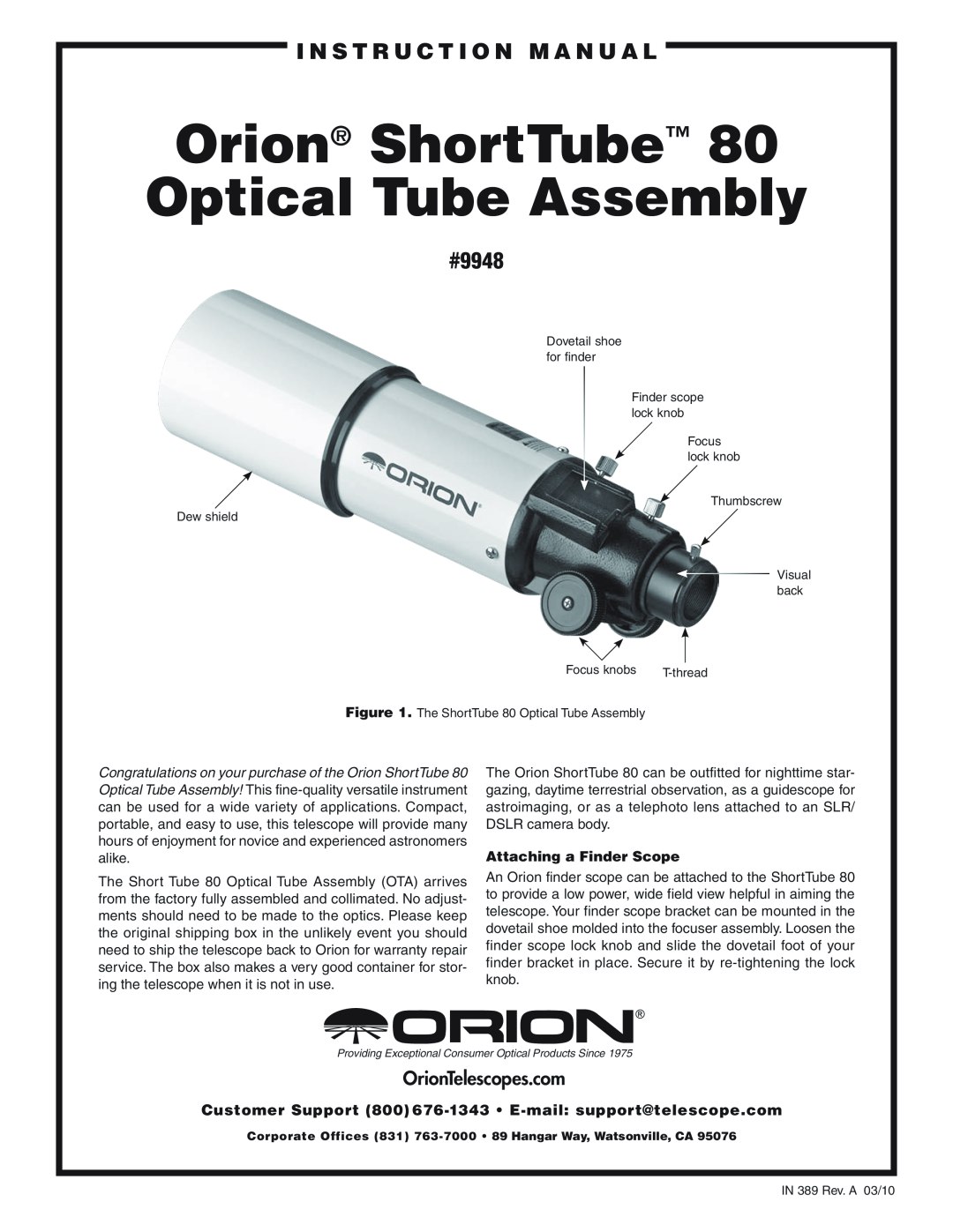 Orion 80 instruction manual i n s t r u c t i o n M a n u a l, #9948, Orion ShortTube Optical Tube Assembly 