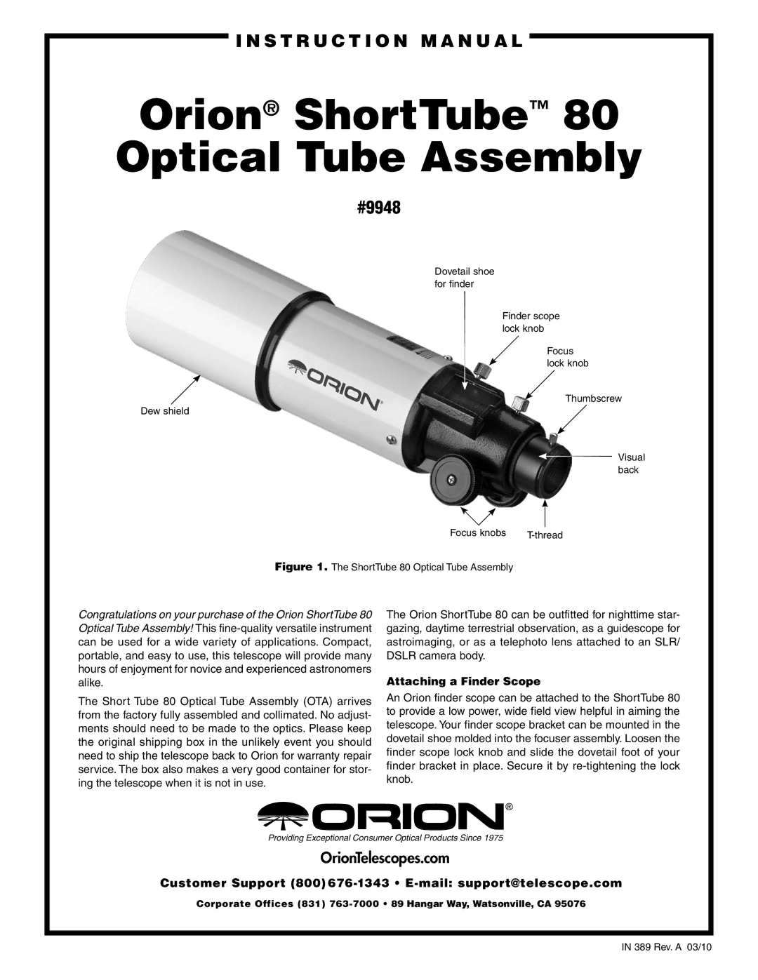 Orion 80 instruction manual Orion ShortTube Optical Tube Assembly, Attaching a Finder Scope 