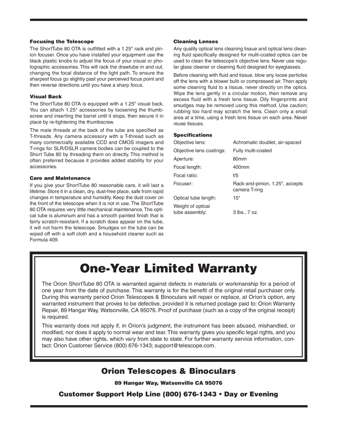 Orion 80 instruction manual Focusing the Telescope, Visual Back, Care and Maintenance, Cleaning Lenses, Specifications 