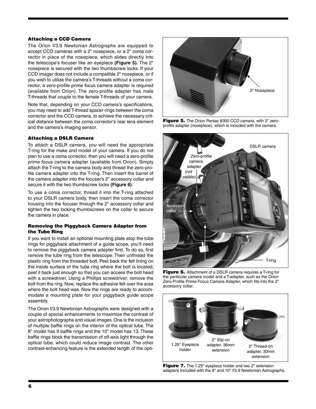 Orion #8297 8" F/3.9, #8296 10" F/3.9 instruction manual Attaching a CCD Camera, Attaching a DSLR Camera 